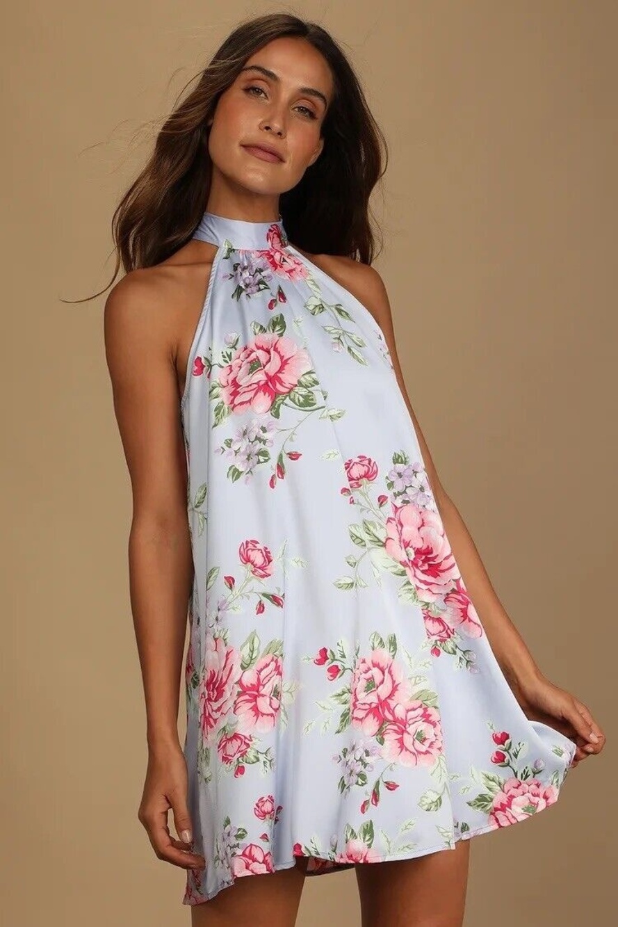 Luluโs Floral Print Satin Mini Dress Light Blue M